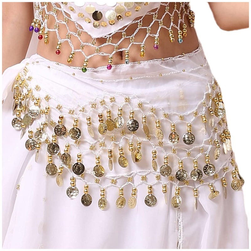 Lauthen.S 128 Coins Belly Dance Hip Scarf Tribal Belt Halloween Genie Costume Accessory White - Image 1